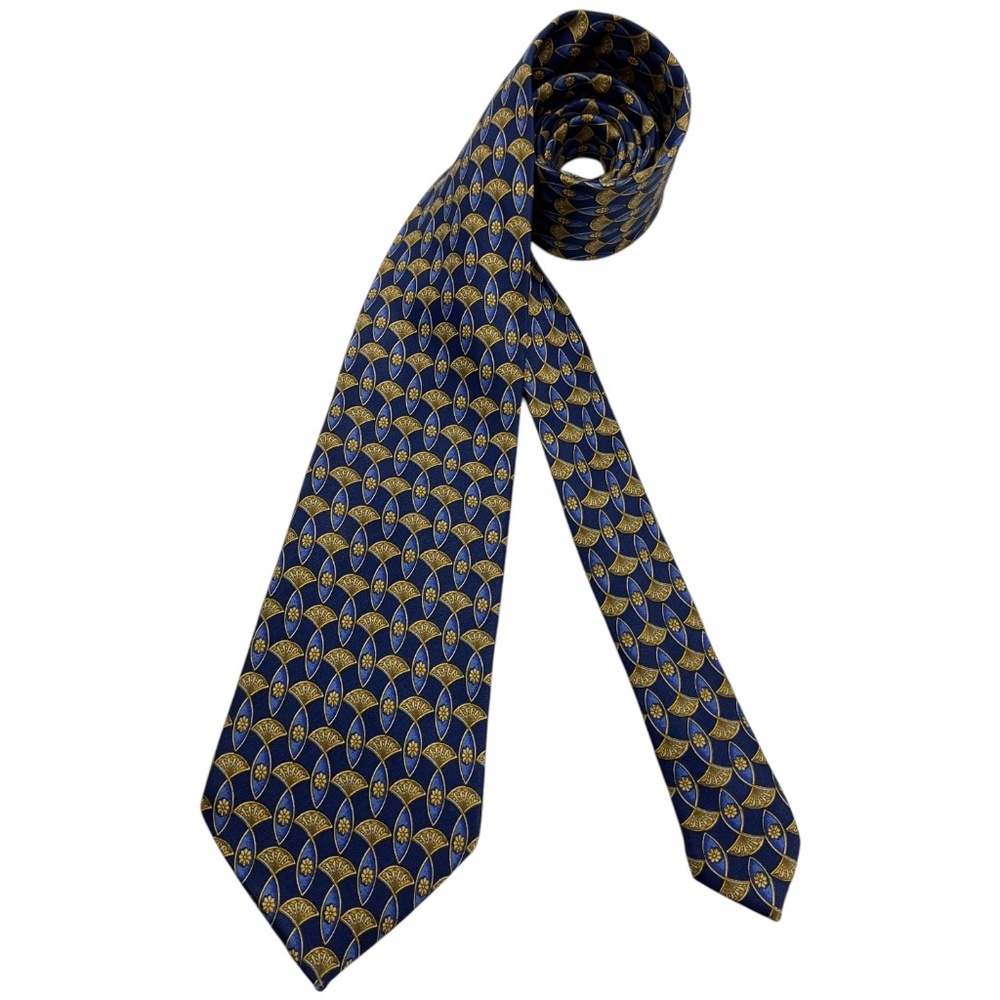 LANVIN XL Blue/Gold Geometric Floral Silk LUXURY Tie FRANCE